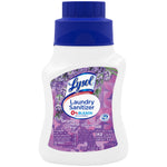 White bottle of Lysol Laundry Sanitizer with lavender-scent label and blue cap on white background