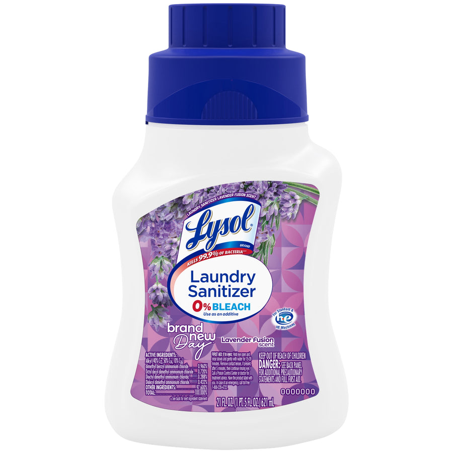 White bottle of Lysol Laundry Sanitizer with lavender-scent label and blue cap on white background
