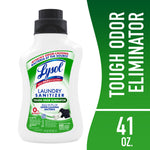 White bottle of Lysol Laundry Sanitizer with green label and black cap on a white and green background