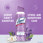 Lysol Lavender Air Sanitizer can with floral accents and text proclaiming sanitizing power