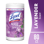 Close-up product shot of a Lysol Brand New Day lavender & cotton blossom disinfecting wipes tub with purple label.