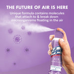 Hand spraying Lysol Lavender Air Sanitizer with illustrated airborne particles and explanatory headline