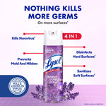 Lysol lavender disinfectant spray can centered with product benefits and lavender sprigs on a pink gradient background
