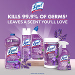 Group of Lysol lavender cleaning products including spray, wipes and bottles arranged with lavender sprigs on purple background