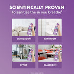 Informational panel with four lifestyle thumbnails showing Lysol Air Sanitizer used in living room, bathroom, office, and classroom
