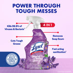 Lysol Brand New Day lavender all-purpose spray with infographic callouts highlighting 4-in-1 cleaning benefits