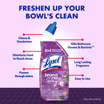 Single Lysol lavender toilet bowl cleaner bottle with callouts listing benefits like cleans, disinfects and long lasting fragrance.