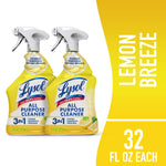 Two Lysol All Purpose Cleaner lemon-scent spray bottles with lemon graphic on a yellow background
