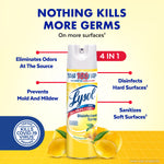 Lysol Lemon Breeze disinfectant spray can centered with callouts describing 4-in-1 benefits and lemons at the base