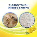 Before-and-after circular closeups illustrating grease and grime cleaning with lemons and Lysol branding on yellow background