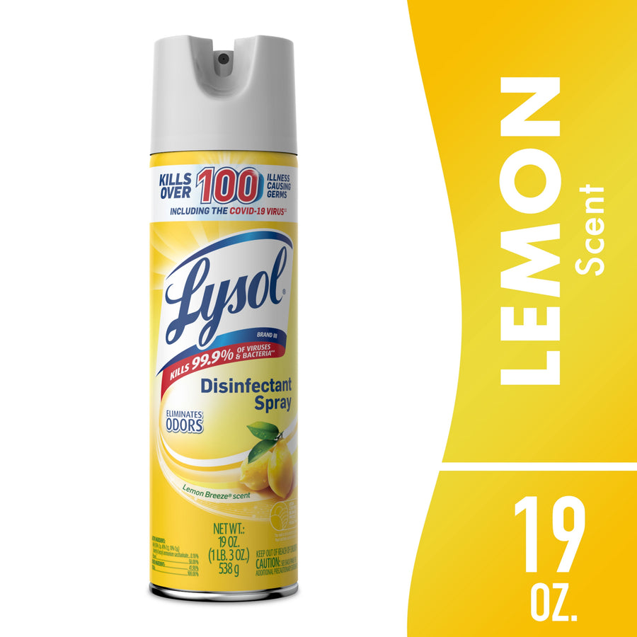 Tall yellow Lysol Disinfectant Spray can with lemon imagery and lemon-scent branding on white background