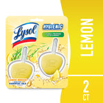 Packaged Lysol in-the-bowl toilet cleaner lemon breeze two yellow heart-shaped tablets shown on branded blister card