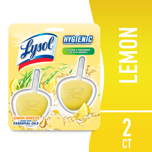Packaged Lysol in-the-bowl toilet cleaner lemon breeze two yellow heart-shaped tablets shown on branded blister card