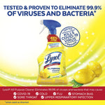 Lysol All Purpose Cleaner Lemon Breeze bottle against yellow swirl background with text claiming kills 99.9% of viruses and a lemon graphic