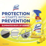 Promotional panel with Lysol bottle, lemons and headline protection starts with prevention, plus icons for surfaces and germ elimination claim