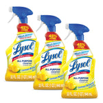 Three Lysol All Purpose Cleaner Lemon Breeze spray bottles with blue triggers and lemon graphics on white background