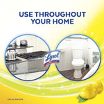 Graphic showing kitchen and bathroom circles with Lysol logo and text use throughout your home on a yellow lemon-themed background
