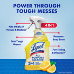 Single Lysol All Purpose Cleaner lemon-scent spray bottle with callouts for grease cutting, sanitization, and soap scum removal