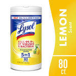 Yellow Lysol disinfecting wipes tub labeled Lemon scent with 5-in-1 branding and 80 count callout