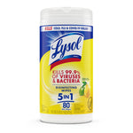 Front view of a Lysol lemon & lime disinfecting wipes canister showing brand logo and product claims