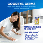 Lifestyle image of a woman wiping a surface with a Lysol wipes tub and headline 'Goodbye, Germs'
