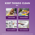 Four lifestyle thumbnails showing kitchen, bathroom, classroom and household cleaning uses with a Lysol spray image