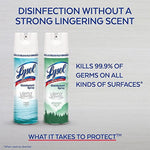 Two Lysol Disinfectant Spray cans with text stating 'Disinfection without a strong lingering scent' and 'Kills 99.9% of germs on all kinds of surfaces'