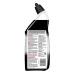 Side view of the back label and barcode of a Lysol Lime & Rust clinging gel toilet bowl cleaner bottle on white background