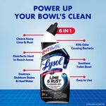 Lysol Lime & Rust clinging gel bottle centered on infographic showing six product benefits with blue background
