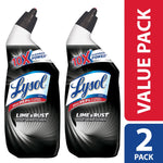 Two black Lysol Lime & Rust toilet bowl cleaner bottles shown as a value 2-pack with bold packaging art