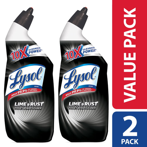 Two black Lysol Lime & Rust toilet bowl cleaner bottles shown as a value 2-pack with bold packaging art