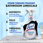 Lysol Power Limescale Remover bottle on a bathroom counter with text highlights about destroying limescale and killing germs