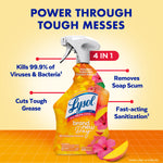 Lysol Brand New Day mango & hibiscus spray bottle with callouts highlighting 4-in-1 cleaning benefits on yellow backdrop
