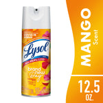 Front view of a Lysol Brand New Day mango & hibiscus disinfectant spray can with bright orange packaging.