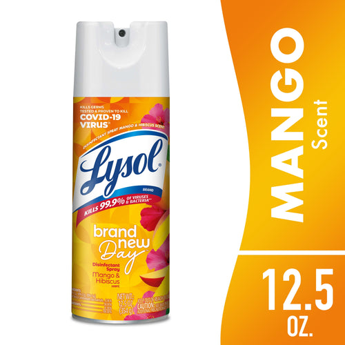 Front view of a Lysol Brand New Day mango & hibiscus disinfectant spray can with bright orange packaging.