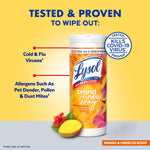 Lysol mango & hibiscus disinfecting wipes tub with callouts for killing cold, flu and allergens on yellow background