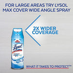 Lysol Max Cover wide angle spray can with text promoting '2x wider coverage' for large areas