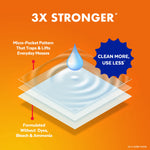 Infographic showing a multi-layer wipe with droplet and text claiming 3x stronger and 'clean more, use less'.