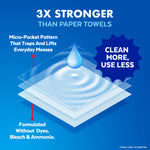 Illustrated layers of a wipe with water droplet and text claiming ‘3X stronger than paper towels’ and clean-more use less badge