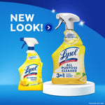 Two Lysol All Purpose Cleaner bottles showing a new look announcement on a blue background with pedestal