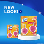 Marketing image with two sizes of Lysol Brand New Day mango & hibiscus toilet cleaners on a pedestal and 'New Look' text