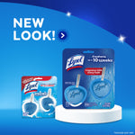 Packaging comparison graphic labeled ‘New Look!’ showing older and newer Lysol Atlantic Fresh in‑the‑bowl cleaner packages side by side on a pedestal