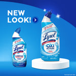 Two Lysol toilet bowl cleaner bottles shown on a blue backdrop with 'New Look!' text highlighting updated packaging