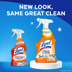 Two Lysol Kitchen Pro trigger bottles shown side-by-side with headline 'New look, same great clean' on blue background