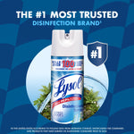 Promotional graphic showing a Lysol Disinfectant Spray can with nature imagery and claim 'the #1 most trusted disinfection brand.'