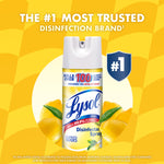 Bold promotional graphic showing a Lysol Lemon Breeze can with lemons and a #1 trusted disinfection brand shield on a yellow background