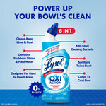 Lysol Oxi Action bottle centered with infographic callouts listing six cleaning benefits and 0% bleach