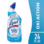 Front-facing Lysol Oxi Action toilet bowl cleaner bottle with ocean-themed label and angled nozzle
