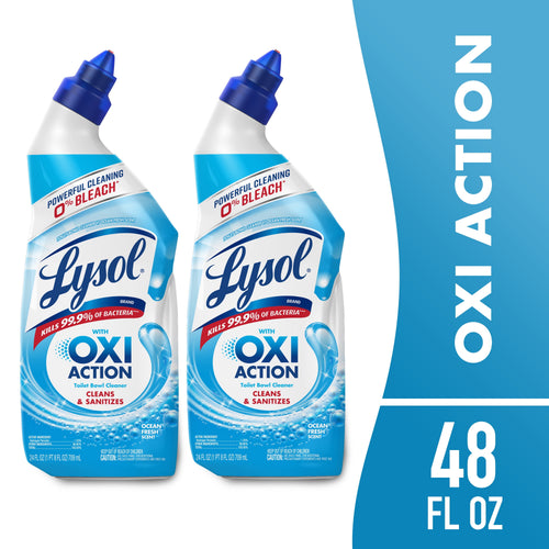 Two Lysol OXI Action toilet bowl cleaner bottles with angled nozzles shown on a white background and blue panel