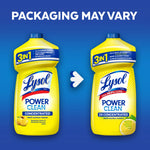 Graphic showing two similar yellow Lysol Power Clean bottles side by side with text 'Packaging may vary' on blue background